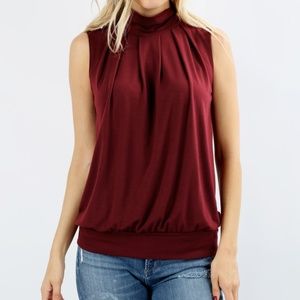 Sleeveless High Neck Pleated Top Burgundy Blouse